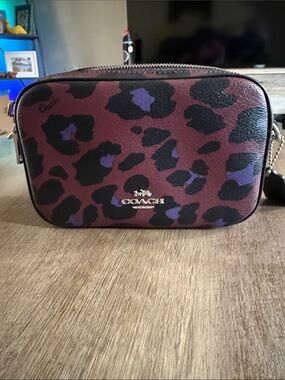 Coach Burgundy and Purple Leopard Print Crossbody Camera Bag